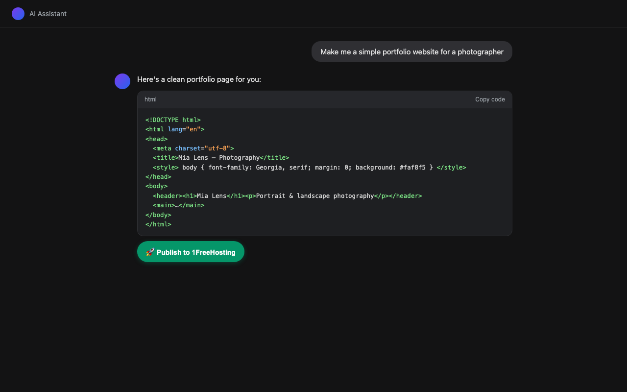 An AI chat showing an HTML code block with a green 'Publish to 1FreeHosting' button underneath it